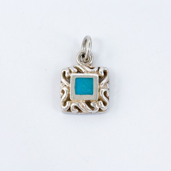 Vintage Sterling Silver 925 Turquoise Square Filigree Pendant - Picture 2 of 6